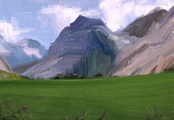 Illustrazione Pittura Olio Arte Paesaggistica Regione Rurale Montagna Campo Verde — Foto Stock