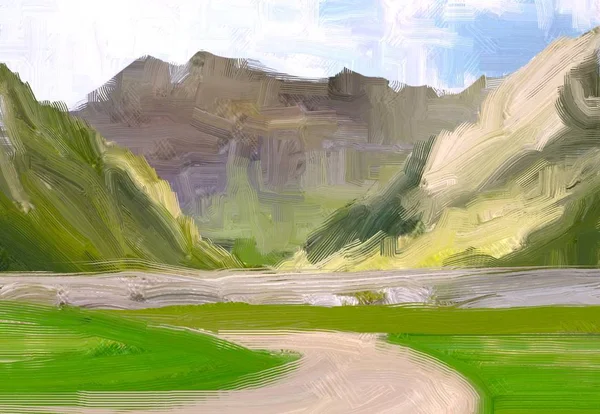 Illustrazione Pittura Olio Arte Paesaggistica Regione Rurale Montagna Campo Verde — Foto Stock