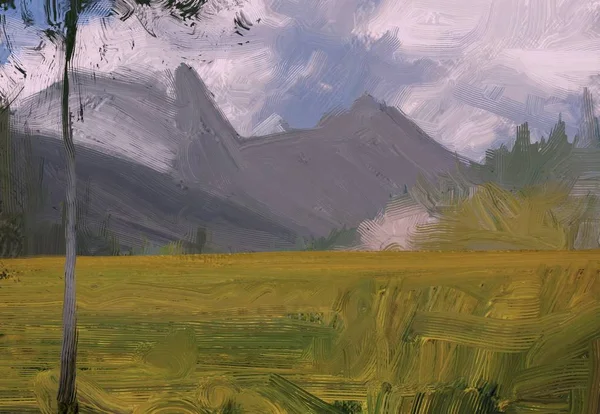 Ilustração Pintura Óleo Arte Paisagem Região Montanhosa Rural Campo Verde — Fotografia de Stock