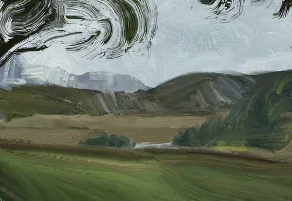 Colorato Campo Campagna Verde Erba Ora Legale Illustrazione Pittura Olio — Foto Stock