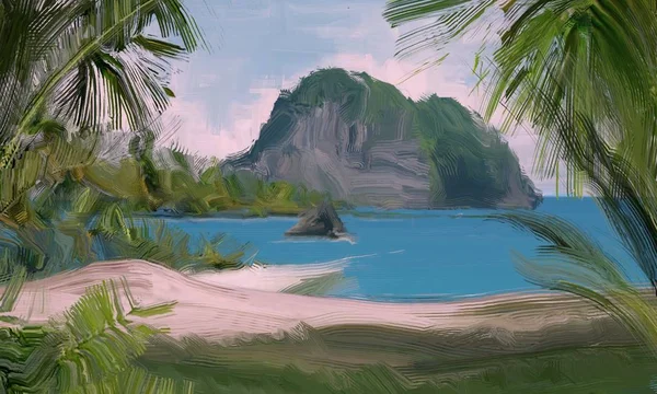 Dibujo Paisaje Marino Con Gouache Pinturas Acrílicas —  Fotos de Stock