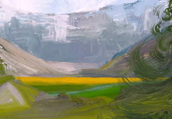 Kuva Öljymaalaus Maisema Taidetta Maaseudun Vuoristoalue Värikäs Vihreä Kenttä Ruoho — kuvapankkivalokuva