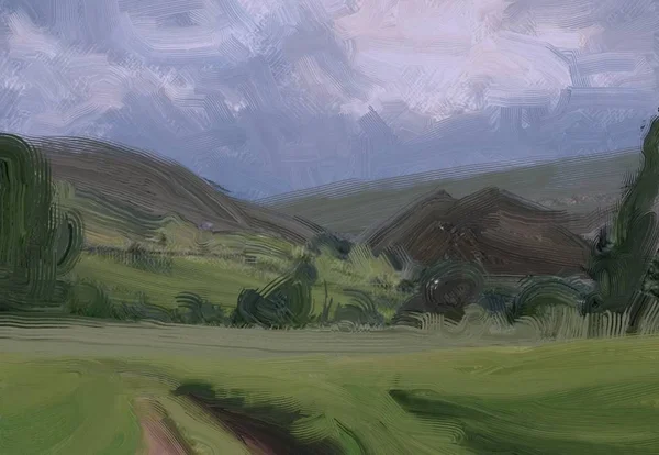 2d illustration. Oil painting landscape art. Rural mountain region. Colorful green field and grass. Summer time. Countryside.