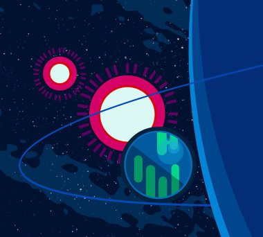 2d illüstrasyon. Karikatür stil boşluk resmi çizin. Derin geniş alan. Yıldızlar, gezegenler ve uydular. Çeşitli bilim kurgu yaratıcı fon. Uzay sanatı. Uzaylı güneş sistemleri. Gezegenler ve Uydular.