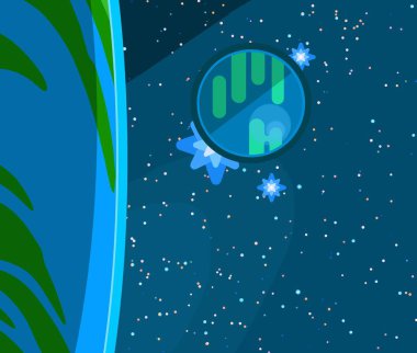 2d illüstrasyon. Karikatür stil boşluk resmi çizin. Derin geniş alan. Yıldızlar, gezegenler ve uydular. Çeşitli bilim kurgu yaratıcı fon. Uzay sanatı. Uzaylı güneş sistemleri. Gezegenler ve Uydular.