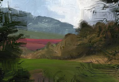 Renkli yeşil kırsal alan ve çim. Yaz zamanı. 2d illüstrasyon. Yağlıboya manzara sanatı. Kırsal dağlık bölge.