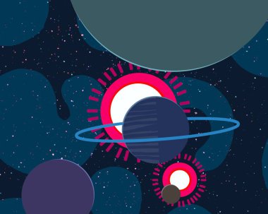 2d illüstrasyon. Karikatür stil boşluk resmi çizin. Derin geniş alan. Yıldızlar, gezegenler ve uydular. Çeşitli bilim kurgu yaratıcı fon. Uzay sanatı. Uzaylı güneş sistemleri. Gezegenler ve Uydular.