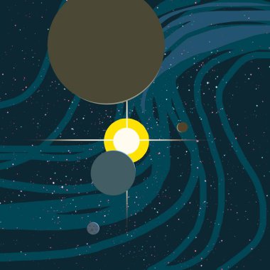 2d illüstrasyon. Karikatür stil boşluk resmi çizin. Derin geniş alan. Yıldızlar, gezegenler ve uydular. Çeşitli bilim kurgu yaratıcı fon. Uzay sanatı. Uzaylı güneş sistemleri. Gezegenler ve Uydular.