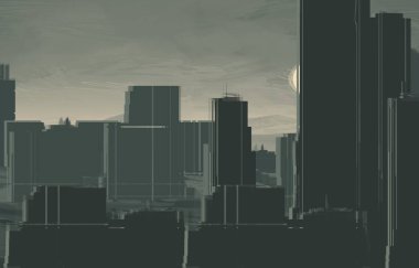 2d illüstrasyon. Gökdelen fütüristik şehir metropol. Dijital sanat. El yapımı dijital boyama.