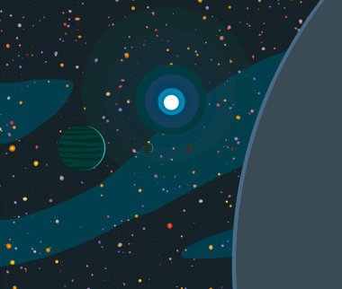 2d illüstrasyon. Karikatür stil boşluk resmi çizin. Derin geniş alan. Yıldızlar, gezegenler ve uydular. Çeşitli bilim kurgu yaratıcı fon. Uzay sanatı. Uzaylı güneş sistemleri. Gezegenler ve Uydular.