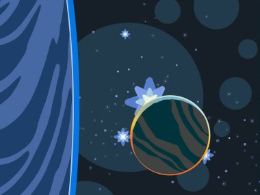 2d illüstrasyon. Karikatür stil boşluk resmi çizin. Derin geniş alan. Yıldızlar, gezegenler ve uydular. Çeşitli bilim kurgu yaratıcı fon. Uzay sanatı. Uzaylı güneş sistemleri. Gezegenler ve Uydular.