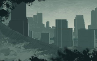 2d illüstrasyon. Gökdelen şehir metropol. Dijital sanat. El yapımı dijital boyama.  