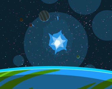 2d illüstrasyon. Karikatür stil boşluk resmi çizin. Derin geniş alan. Yıldızlar, gezegenler ve uydular. Çeşitli bilim kurgu yaratıcı fon. Uzay sanatı. Uzaylı güneş sistemleri. Gezegenler ve Uydular.