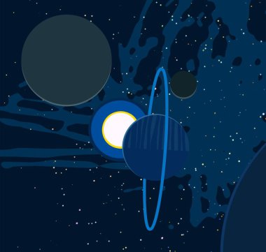 2d illüstrasyon. Karikatür stil boşluk resmi çizin. Derin geniş alan. Yıldızlar, gezegenler ve uydular. Çeşitli bilim kurgu yaratıcı fon. Uzay sanatı. Uzaylı güneş sistemleri. Gezegenler ve Uydular.