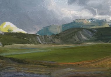 Renkli yeşil kırsal alan ve çim. Yaz zamanı. 2d illüstrasyon. Yağlıboya manzara sanatı. Kırsal dağlık bölge.