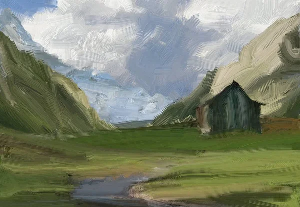 Colorato Campo Campagna Verde Erba Ora Legale Illustrazione Pittura Olio — Foto Stock