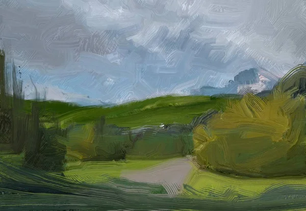 Colorato Campo Campagna Verde Erba Ora Legale Illustrazione Pittura Olio — Foto Stock