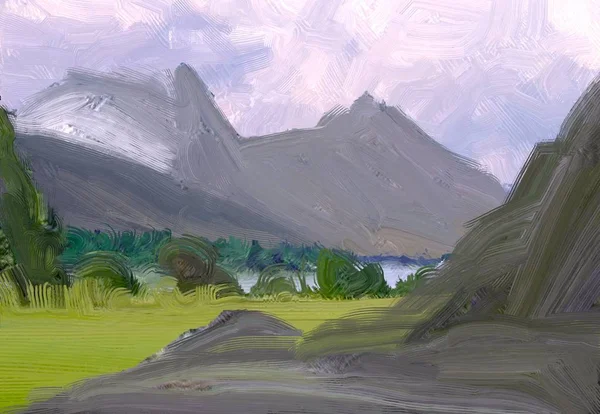 Illustration Oil Painting Landscape Art Rural Mountain Region Colorful Green — Stock Photo, Image