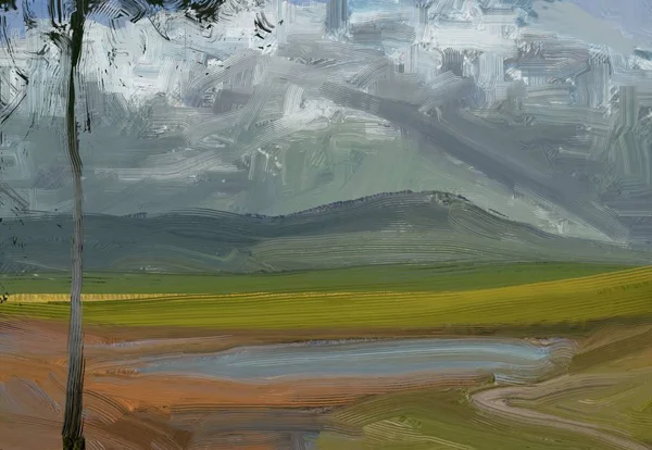 Renkli Yeşil Kırsal Alan Çim Yaz Zamanı Illüstrasyon Yağlıboya Manzara — Stok fotoğraf