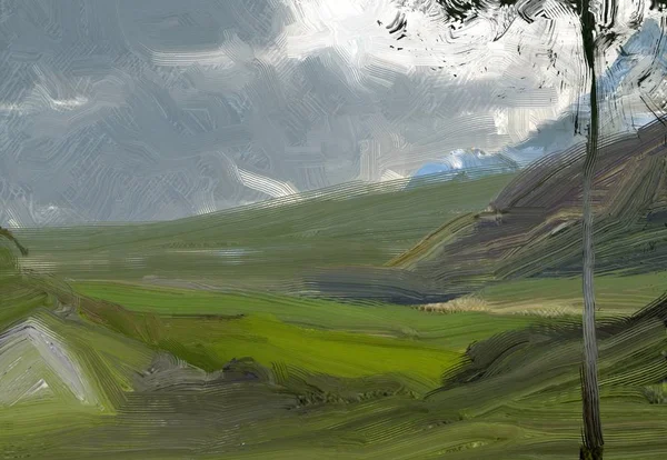 Colorato Campo Campagna Verde Erba Ora Legale Illustrazione Pittura Olio — Foto Stock