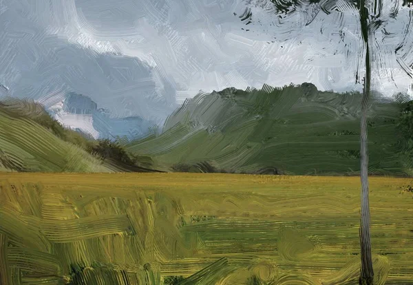 Kolorowe Zielone Pole Wsi Trawa Czas Letni Ilustracji Malarstwo Olejowe — Zdjęcie stockowe