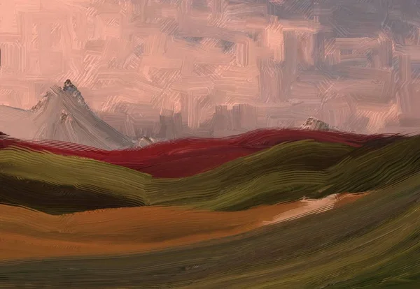 Kuva Öljymaalaus Maisema Taidetta Maaseudun Vuoristoalue Värikäs Vihreä Kenttä Ruoho — kuvapankkivalokuva