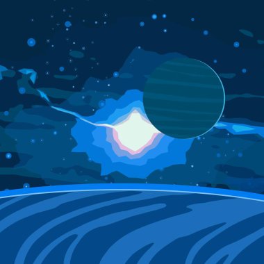 2d illüstrasyon. Karikatür stil boşluk resmi çizin. Derin geniş alan. Yıldızlar, gezegenler ve uydular. Çeşitli bilim kurgu yaratıcı fon. Uzay sanatı. Uzaylı güneş sistemleri. Gezegenler ve Uydular.