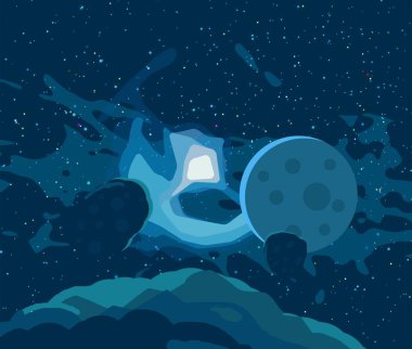 2d illüstrasyon. Karikatür stil boşluk resmi çizin. Derin geniş alan. Yıldızlar, gezegenler ve uydular. Çeşitli bilim kurgu yaratıcı fon. Uzay sanatı. Uzaylı güneş sistemleri. Gezegenler ve Uydular.