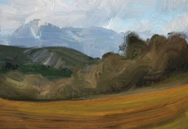 Renkli yeşil kırsal alan ve çim. Yaz zamanı. 2d illüstrasyon. Yağlıboya manzara sanatı. Kırsal dağlık bölge.