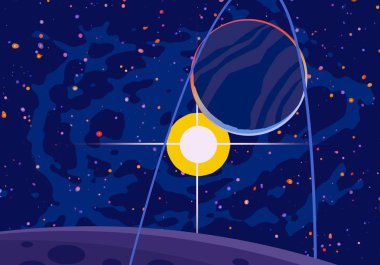 2d illüstrasyon. Karikatür stil boşluk resmi çizin. Derin geniş alan. Yıldızlar, gezegenler ve uydular. Çeşitli bilim kurgu yaratıcı fon. Uzay sanatı. Uzaylı güneş sistemleri. Gezegenler ve Uydular.