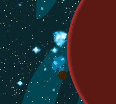 2d illüstrasyon. Karikatür stil boşluk resmi çizin. Derin geniş alan. Yıldızlar, gezegenler ve uydular. Çeşitli bilim kurgu yaratıcı fon. Uzay sanatı. Uzaylı güneş sistemleri. Gezegenler ve Uydular.