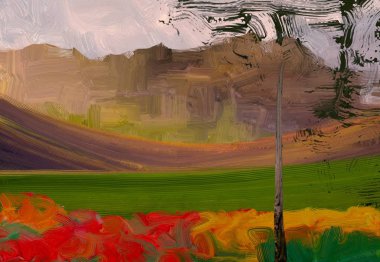 2d illüstrasyon. Yağlıboya manzara sanatı. Kırsal dağlık bölge. Renkli yeşil alan ve çimen. Yaz zamanı. Kırsal.