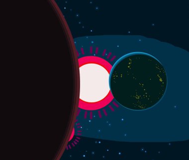 2d illüstrasyon. Karikatür stil boşluk resmi çizin. Derin geniş alan. Yıldızlar, gezegenler ve uydular. Çeşitli bilim kurgu yaratıcı fon. Uzay sanatı. Uzaylı güneş sistemleri. Gezegenler ve Uydular.