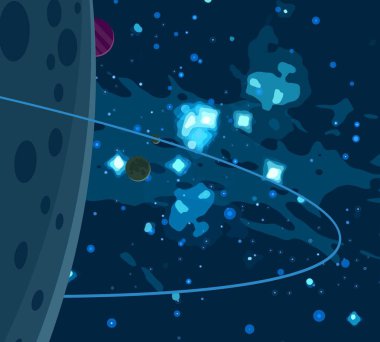 Derin yıldızlararası uzay. Yıldızlar, gezegenler ve uydular. Çeşitli bilim kurgu yaratıcı fon. Uzay sanatı. Hayali kozmik fon.