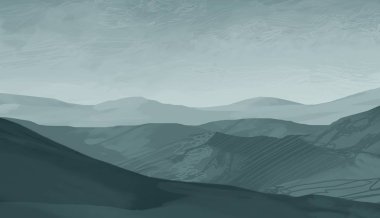 2d illüstrasyon. İskoçya Dağları. Dijital resim sanatı. El yapımı çizim.