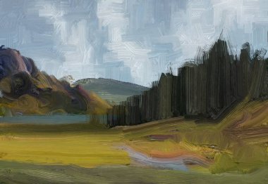 Renkli yeşil kırsal alan ve çim. Yaz zamanı. 2d illüstrasyon. Yağlıboya manzara sanatı. Kırsal dağlık bölge.