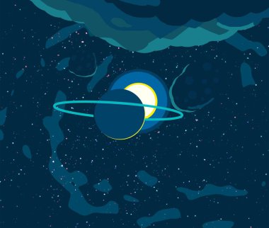 2d illüstrasyon. Karikatür uzay arka plan resmi. Derin geniş alan. Yıldızlar, gezegenler ve uydular. Çeşitli bilim kurgu yaratıcı fon. Uzay sanatı. Yabancı güneş sistemleri.