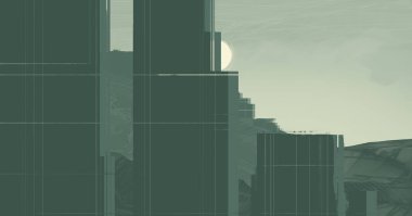 2d illüstrasyon. Gökdelen şehir metropol. Dijital sanat. El yapımı dijital boyama.   