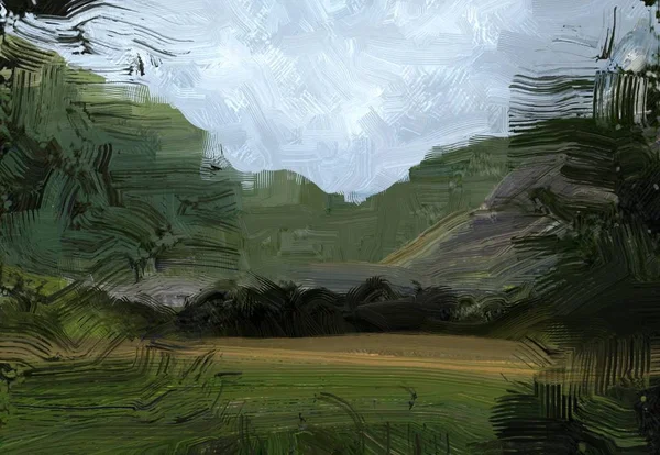 五颜六色的绿色乡村田野和草地 夏天的时候 油画风景艺术 农村山区 — 图库照片