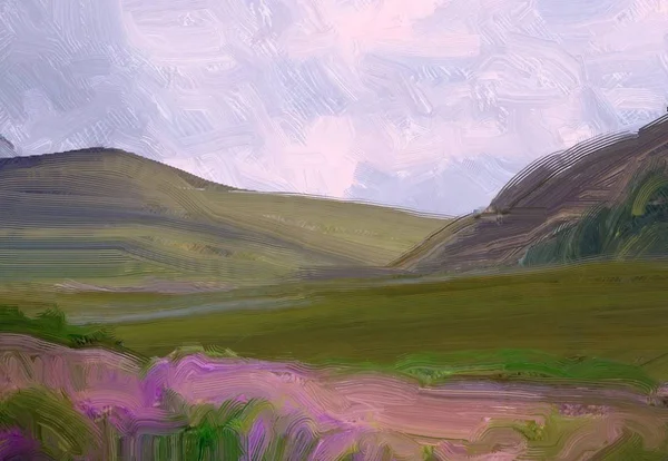 Illustrazione Pittura Olio Arte Paesaggistica Regione Rurale Montagna Campo Verde — Foto Stock