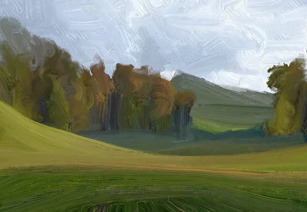 Colorato Campo Campagna Verde Erba Ora Legale Illustrazione Pittura Olio — Foto Stock