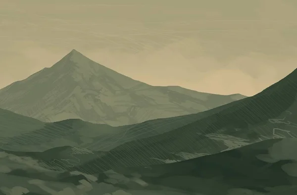 2d illustration. Wild mountains. Digital art. Handmade digital painting.