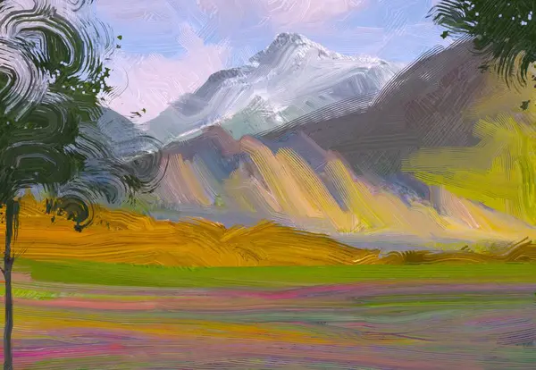 Ilustração Pintura Óleo Arte Paisagem Região Montanhosa Rural Campo Verde — Fotografia de Stock