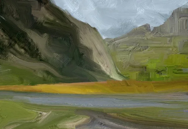 Renkli Yeşil Kırsal Alan Çim Yaz Zamanı Illüstrasyon Yağlıboya Manzara — Stok fotoğraf