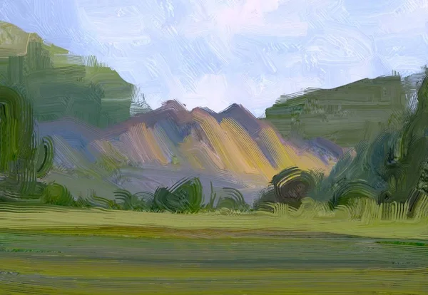 Ilustração Pintura Óleo Arte Paisagem Região Montanhosa Rural Campo Verde — Fotografia de Stock