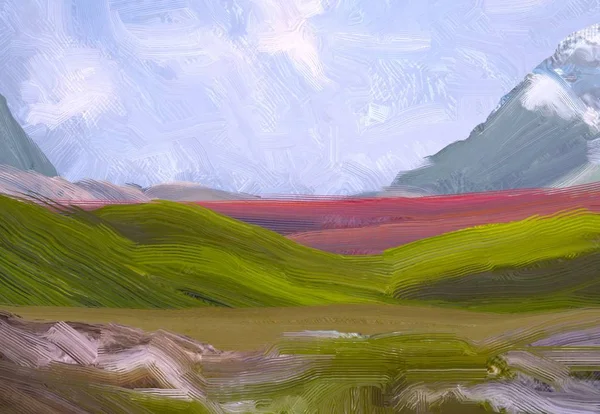 Illustration Oil Painting Landscape Art Rural Mountain Region Colorful Green — Stock Photo, Image