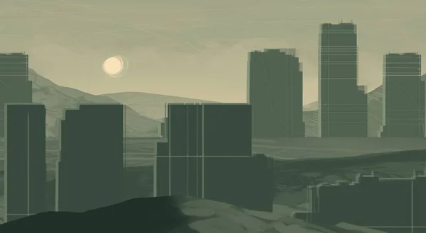 Abbildung Wolkenkratzer Futuristische Großstadt Digitale Kunst Handgemachte Digitale Malerei Sonnenuntergang — Stockfoto