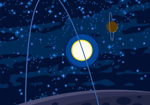 2d illustration. Cartoon draw style space picture. Deep vast space. Stars, planets and moons. Various science fiction creative backdrops. Space art. Alien solar systems. Planets and Moons.