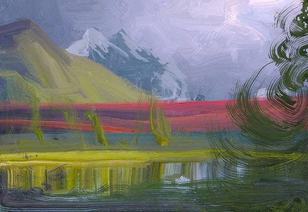 Illustratie Olieverfschilderij Landschapskunst Landelijk Berggebied Kleurrijke Groene Veld Gras Zomertijd — Stockfoto