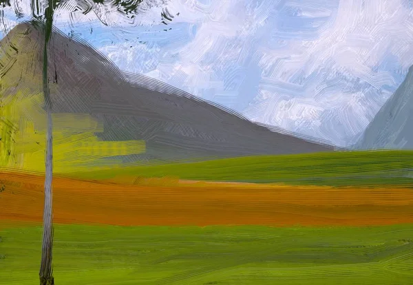 2Dイラスト 油絵風景画 田舎の山岳地帯 カラフルな緑の田園地帯と草 夏の時間 — ストック写真